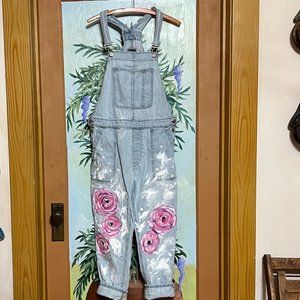 Gap Denim Overalls Womens M Hand Painted Pink Flowers Light Wash Floral Jeans